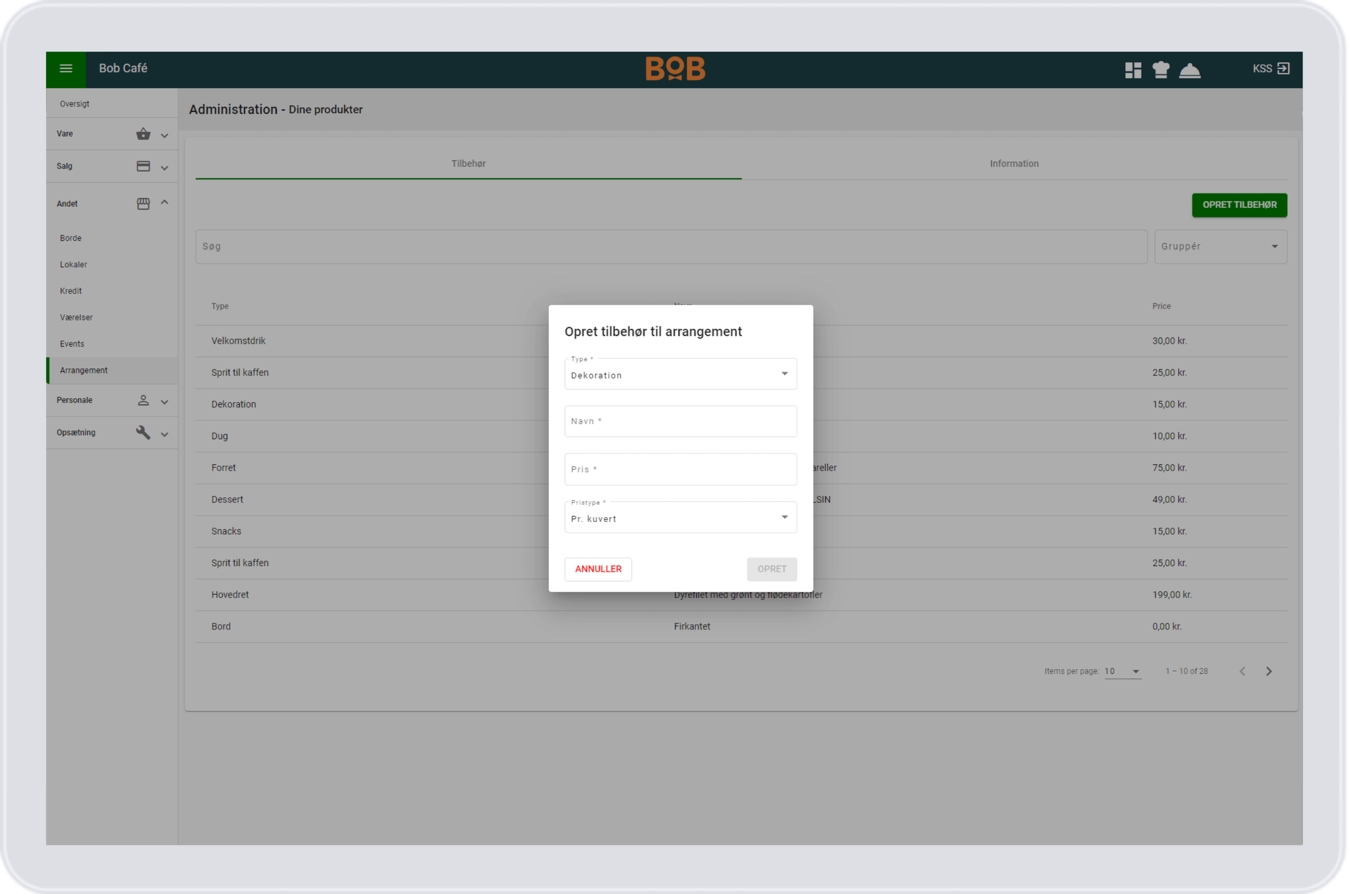 Arrangement - Opret standard valgmuligheder